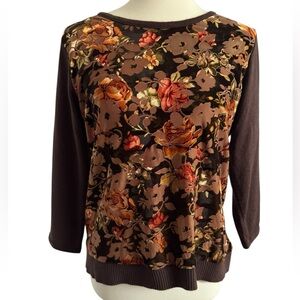 Cathy Daniels Brown Vibrant Velvet Floral Patterned Chic Sweater Size Medium